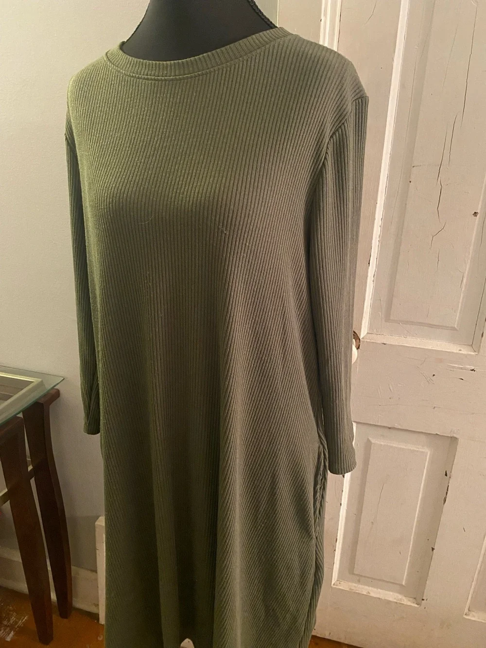 Time and Tru Olive Green Ribbed Long Sleeve Shift Dress